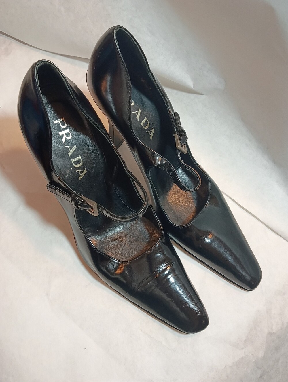 Prada Mary Jane Black Patent Leather  Heels Designer Y2K Vintage 38.5